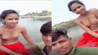 Topless Desi Village Babe Enjoying Outdoor Bathing Selfie